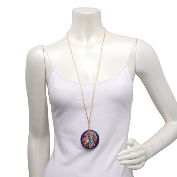 Vintage Murano Style Millefiori Glass Pendant Necklace Mosaic Floral Blue Italy - Picture 3 of 9